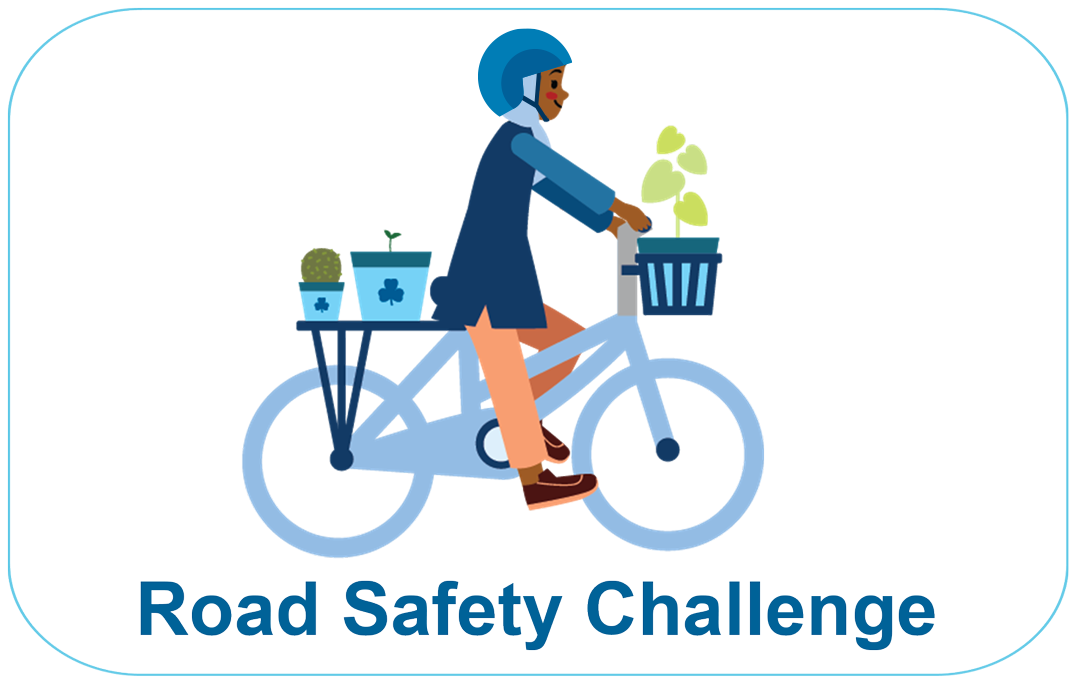 Illustration of a girl on a bicycle wearing a helmet cycling past flowers.